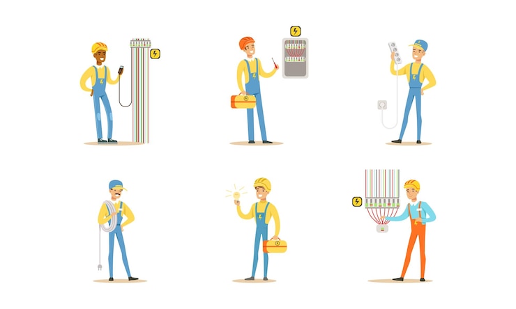 Vector professional electricians male electrician engineers in uniform installing and repairing electrical appliance repair service and maintenance cartoon vector illustration