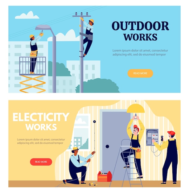 Professional electricians workers perform indoor and outdoor electric works technician staff change light bulb repair power line check electrical switchboard vector flat banners