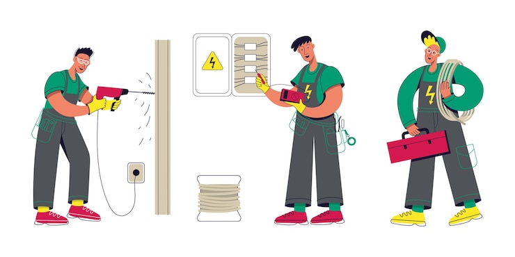 Vector professional electricians working with electrical work tools technicians services professional men