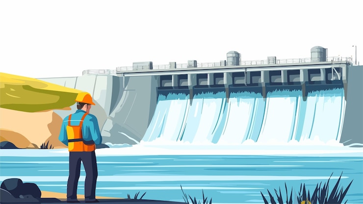 Vector professional engineer monitoring dam water flow from back view