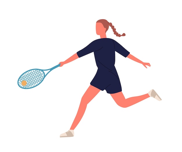 Grande giocatore di tennis femminile professionista che colpisce la palla che tiene l'illustrazione piana di vettore della racchetta. la donna attiva in abbigliamento sportivo dimostra di ricevere la posizione di rovescio isolata su bianco. sportiva alla partita.