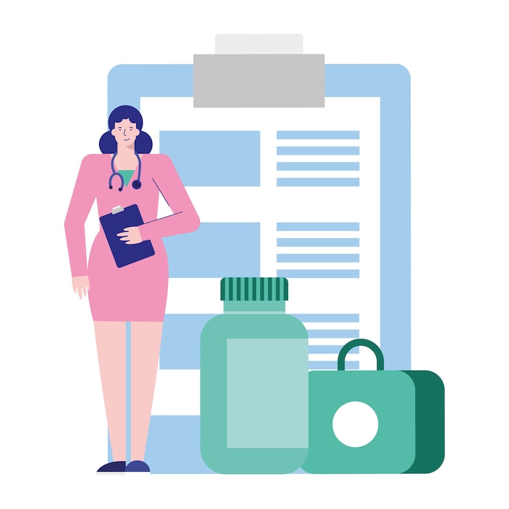 Vector professional female doctor with checklist and drugs avatar character illustration