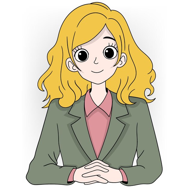 금발 머리와 녹색 블레이저를 입은 전문 여성 뉴스 커