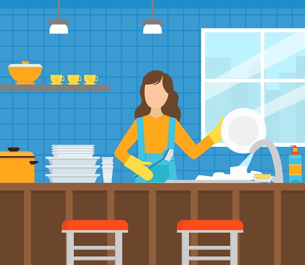 Vector professional female worker in uniform washing dishes in the kitchen cleaning company staff at work flat vector illustration