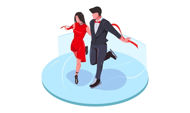 スポーツ パフォーマンスで踊るプロのフィギュア スケーターのカップル黒のスイートの男と丸いアイス リンクでスケート赤いドレスを着た美しい女性競争アイコン等尺性デザイン ベクトル図