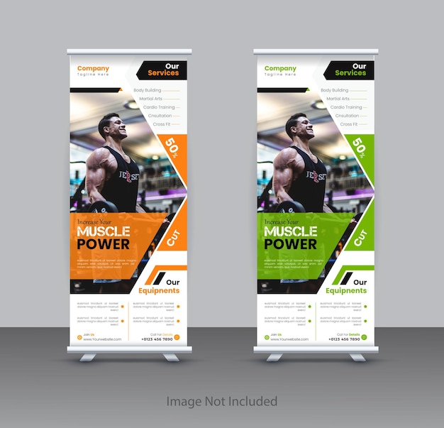 Vector professional fitness and gym rollup banner design template nad rack card