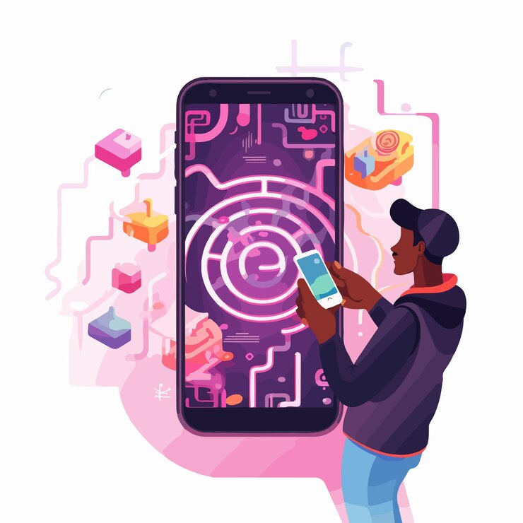 Vector professional gamer hands holding mobile phone playing game