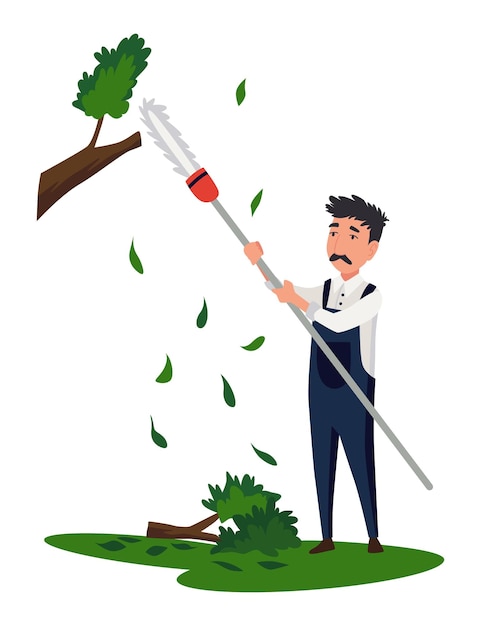 Vector professional gardener trimming plant with hedge trimmer man working in backyard colored flat vector illustration of worker in uniform isolated on white background