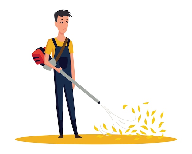 Professional gardener working on backyard in autumn male handyman cleaning ground and collecting leaves with garden vacuum colored flat vector illustration of professional worker