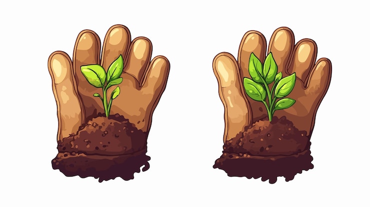 Vector professional gardening gloves with soil and plant vector isolated image