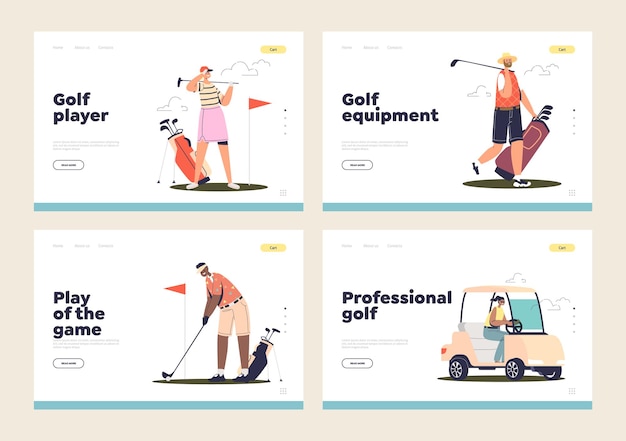 ベクトル ゴルフをする人々のゴルファーで設定されたランディングページのプロゴルフと設備の概念
