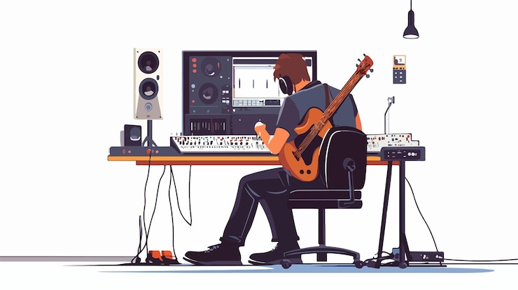 Vector professional guitarist playing acoustic guitar in sound recording studio
