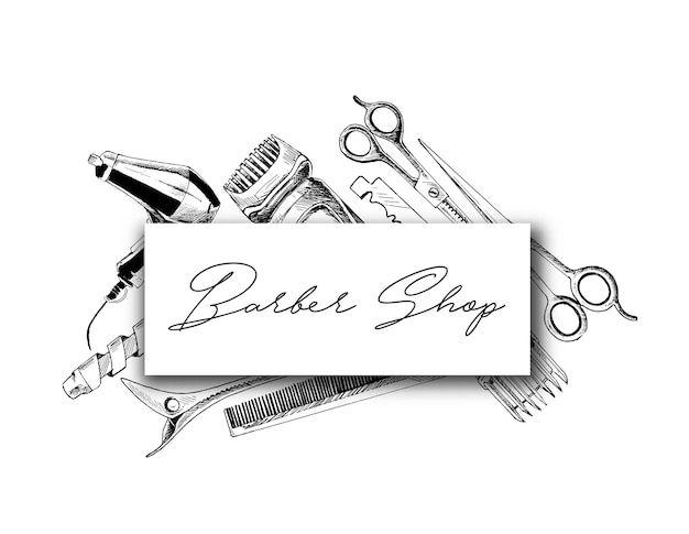 Vector professional hairdresser tools with copy space hand drawn sketch vector illustration