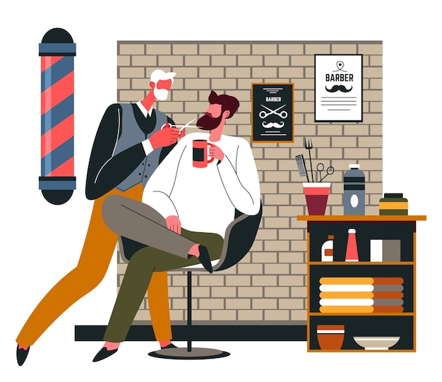 Professional hairstyling care for clients in barber shop. client sitting in chair having haircut, treatment for mustaches. styling for gentlemen in special places, beauty and hygiene. vector in flat