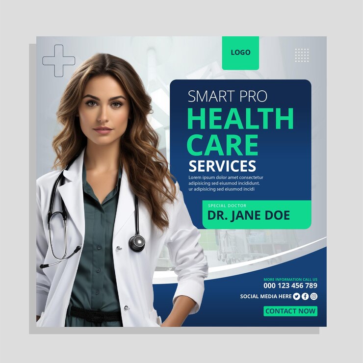 Vector professional health care banner with doctor theme for social media post template