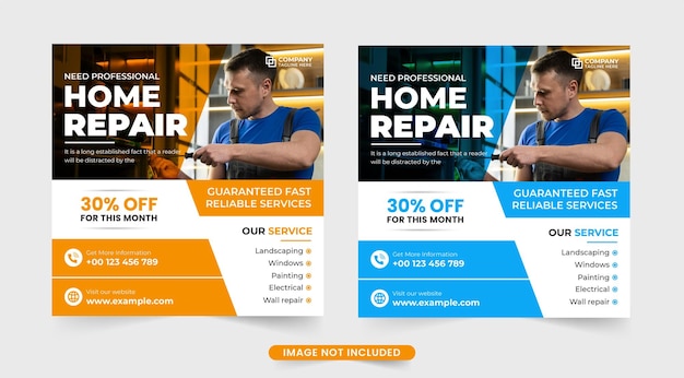 Professional home repair service template design with yellow and blue colors house renovation business advertisement poster design with orange and blue colors home repair social media post vector