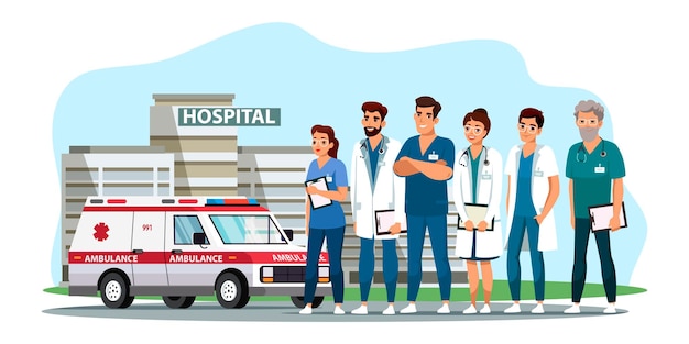 Professional hospital staff standing in clinic yard. Nurse, surgeon, therapist, cardiologist, practitioner, ophthalmologist, dentist. Medical building facade and ambulance car. Medicine and healthcare