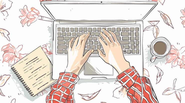 Vector professional human hands typing on laptop keyboard with hand writing