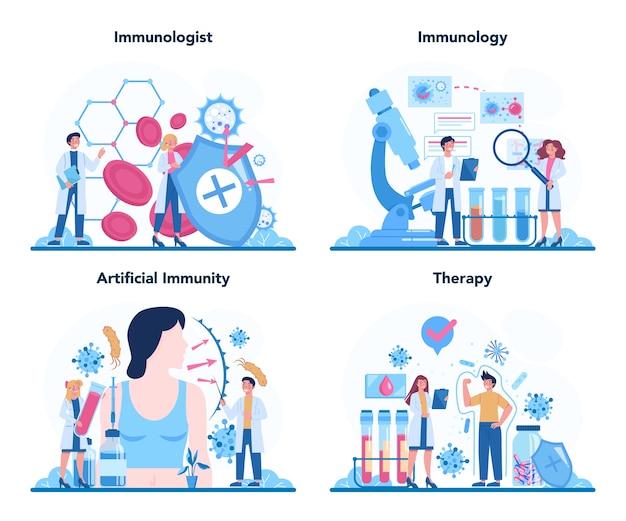 Вектор Профессиональный иммунолог установил иллюстрацию в мультяшном стиле