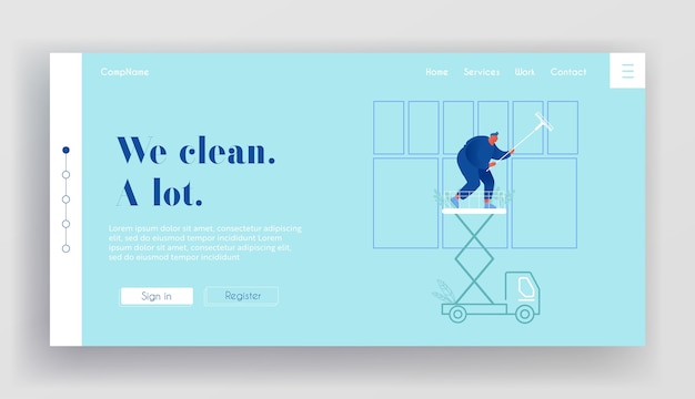 Целевая страница веб-сайта профессиональной промышленной компании по глубокой очистке. Рабочий человек в синей форме очистки окна, стоящий на баннере веб-страницы платформы автомобильного лифта. Мультфильм Квартира