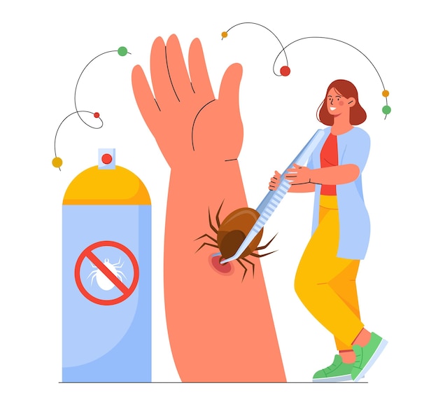 Professional infectionist with mite concept Woman with tweezers removes insect from patients hand Diagnosis and treatment health care Young girl with spray Cartoon flat vector illustration