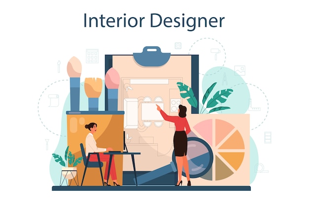 Vettore concetto di interior designer professionale. decoratore che pianifica il design