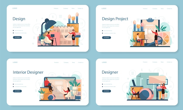Профессиональный интерьерный веб-баннер или набор целевой страницы. декоратор планирует комнату, выбирая цвет стен и стиль мебели. ремонт дома.