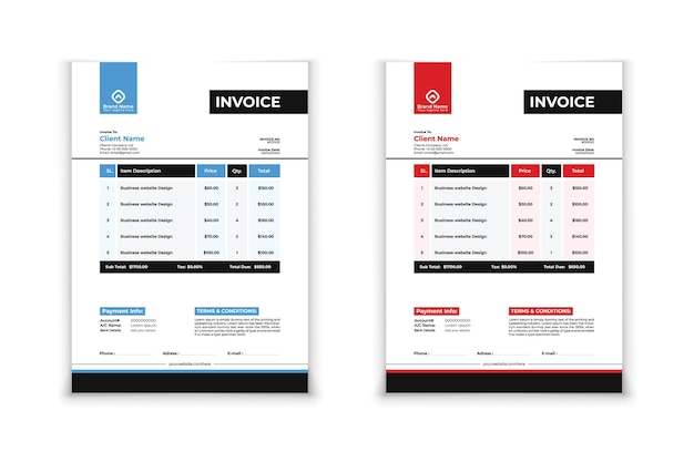 Professional invoice template in red and blue theme