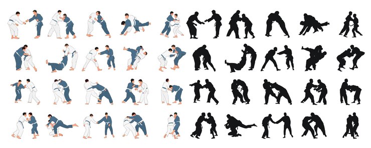 Professional judokas silhouettes in training Judo athletes black