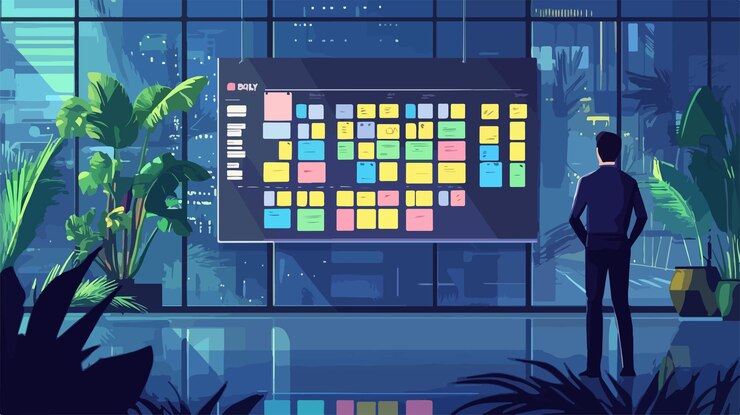 Vector professional kanban board with sticky notes for scrum agile methodology