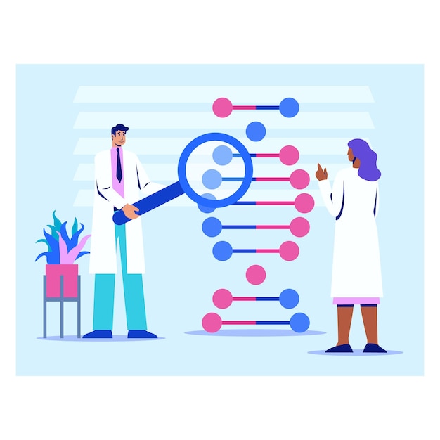 professional laboratory assistants in white coat standing in laboratory study dna