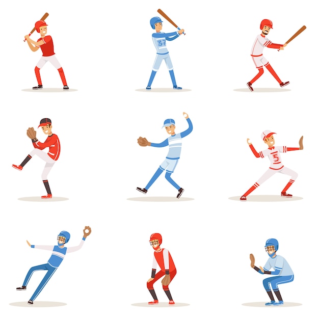 Professional league baseball players on the field playing baseball, sportsmen in uniform set of   illustrations.