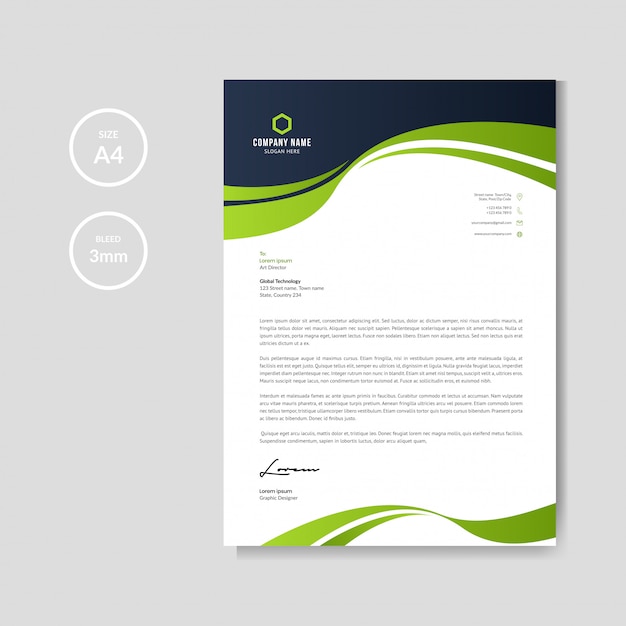 Professional letterhead with green wave