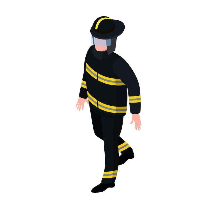Vector professional male character fireman extinguish fire standing with water hose isolated on white