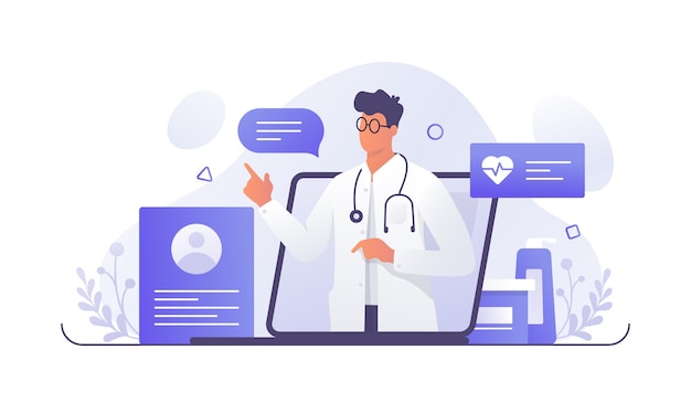 Professional male doctor calling to patient giving treatment prescription and advice Cartoon character providing modern healthcare service Vector flat illustration in blue colors