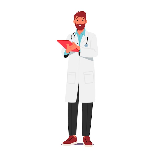 Vector professional male doctor character holding clipboard ready to assess and record medical information vector illustration