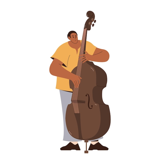 Professional male double bass player performing with big string instrument vector illustration