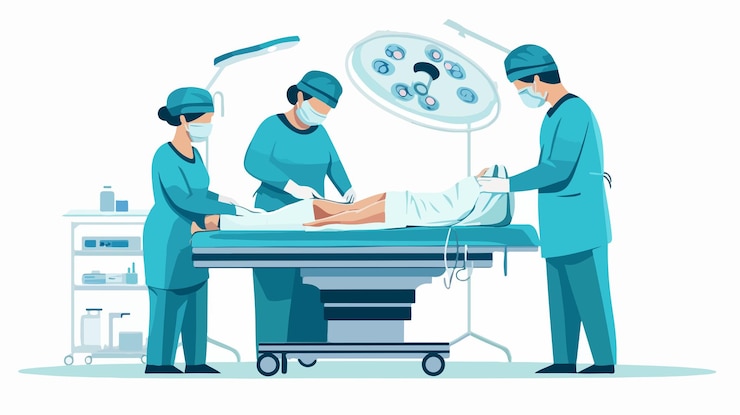 Vector professional male and female surgeons examining patient in hospital setting