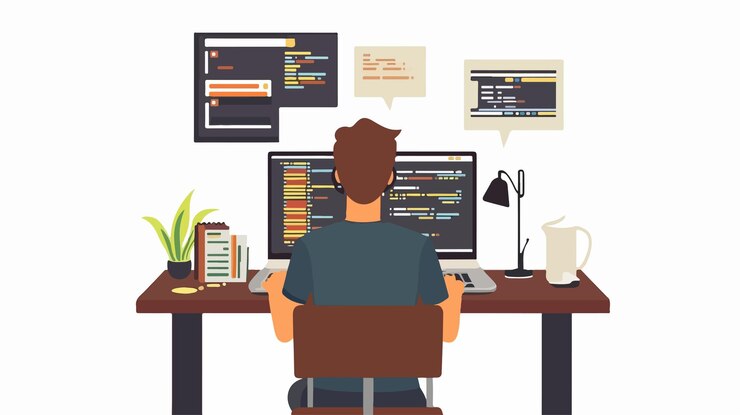 Vector professional male freelancer it code developer working laptop