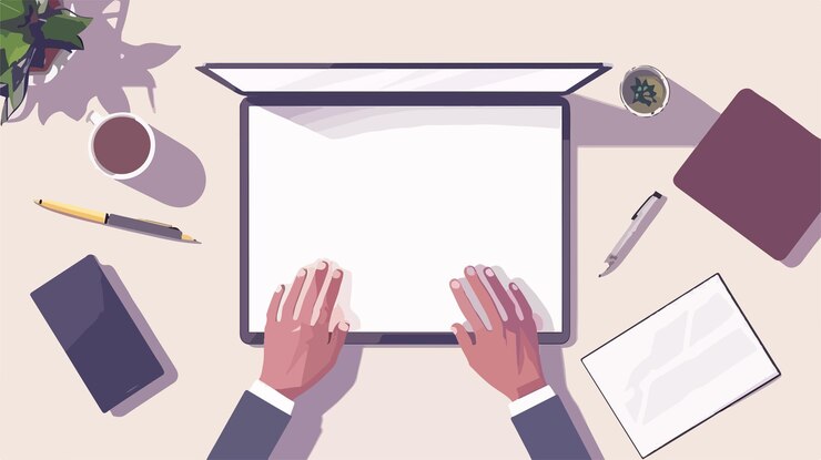 Vector professional male hands holding blank paper sheet and using laptop on light background