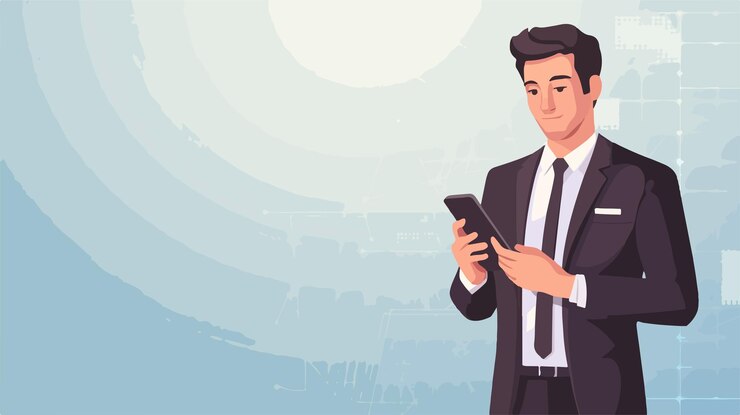 Vector professional man in business attire using phone with cybersecurity symbol