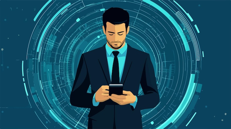 Vector professional man in business attire using phone with cybersecurity symbol
