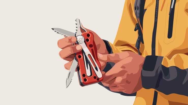 Vector professional man holding compact portable multitool outdoors closeup shot
