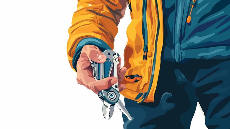 Vector professional man holding compact portable multitool outdoors closeup shot