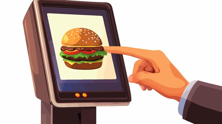 Vector professional man interacting with selfservice terminal screen