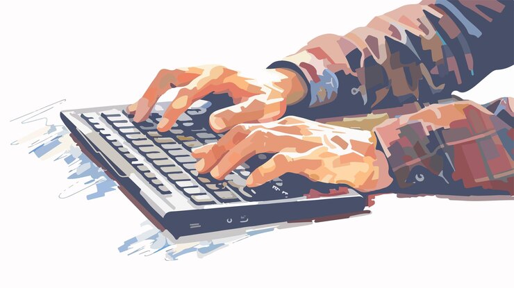 Vector professional man typing on keyboard in mixed media flat vector isolated illustration