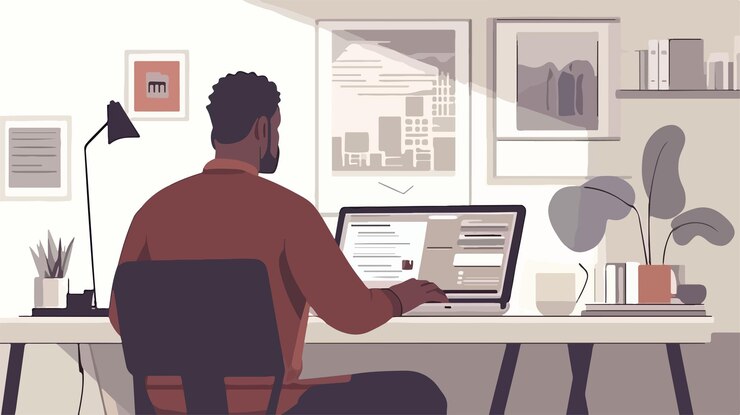 Vector professional man working on laptop in bright home office setting
