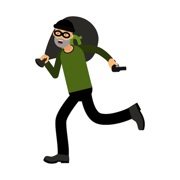 Vector professional masked robber character running with a gun and money bag vector illustration isolated on a white background