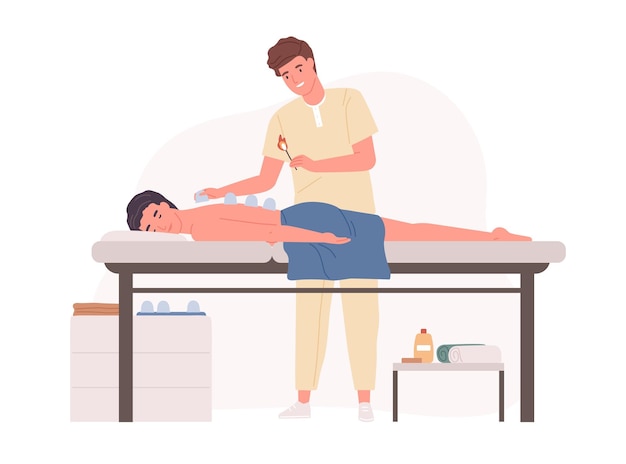 Professional massage therapist practicing vacuum cupping body therapy in salon. Patient enjoying wellness SPA physiotherapy. Colored flat cartoon vector illustration isolated on white background.