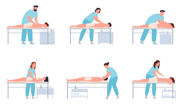 Профессиональные массажисты Люди с проблемами позвоночника лечатся массажем Расслабляющая разминка тела Векторная иллюстрация